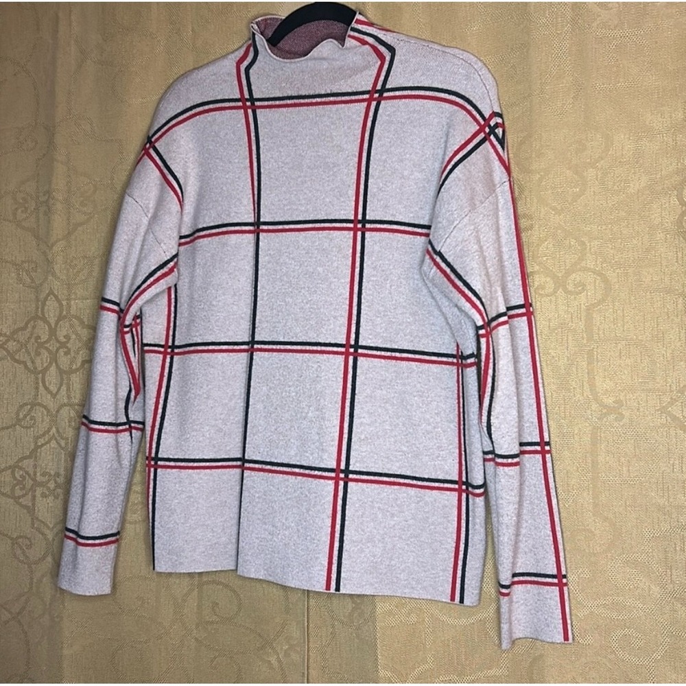 Tahari Beige Red Black Windowpane Plaid Mock Neck Sweater L Preppy Fall Minimal - Picture 2 of 6